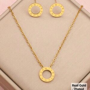 NWT 3pcs Roman Digital Ring Buckle Gold Color Stainless Steel Necklace Earrings